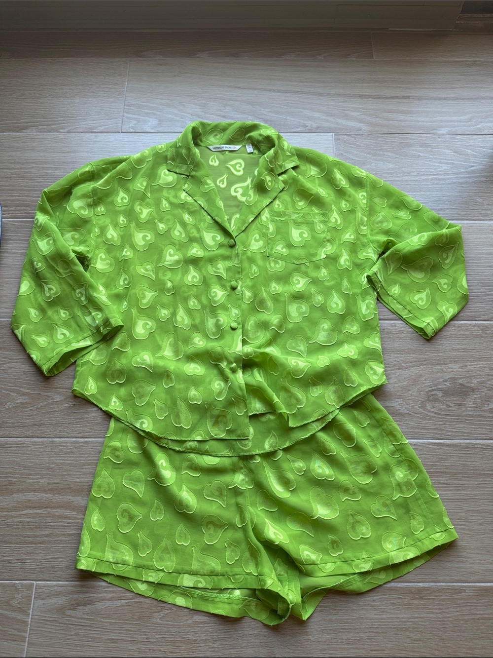 Vintage Victorias Secret Pj set Small Gecko Green hearts sheer style 90s Y2K